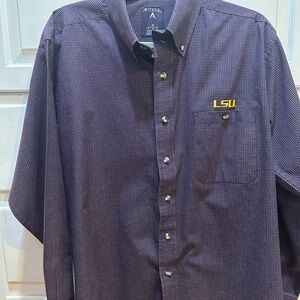 Antigua Men's Purple checked LSU stitched Casual Shirt button down long sleeved